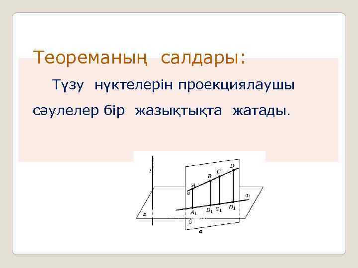  Теореманың салдары: Түзу нүктелерін проекциялаушы сәулелер бір жазықтықта жатады. 