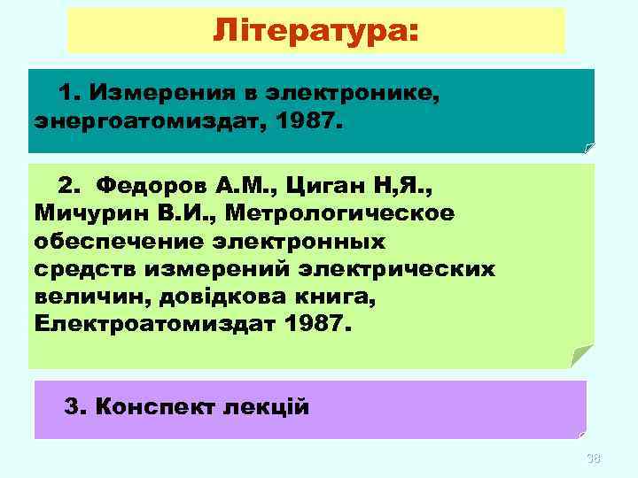 Література: 1. Измерения в электронике, энергоатомиздат, 1987. 2. Федоров А. М. , Циган Н,