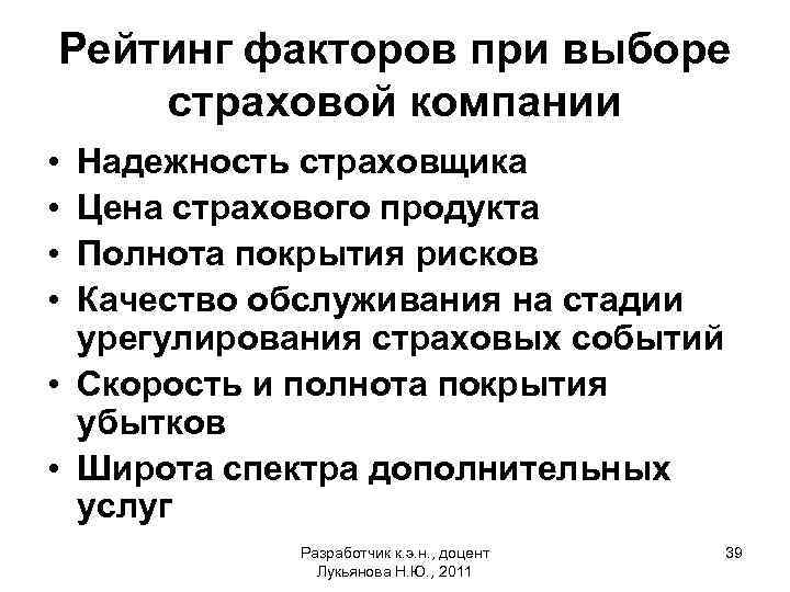 Рейтинг факторов при выборе страховой компании • • Надежность страховщика Цена страхового продукта Полнота