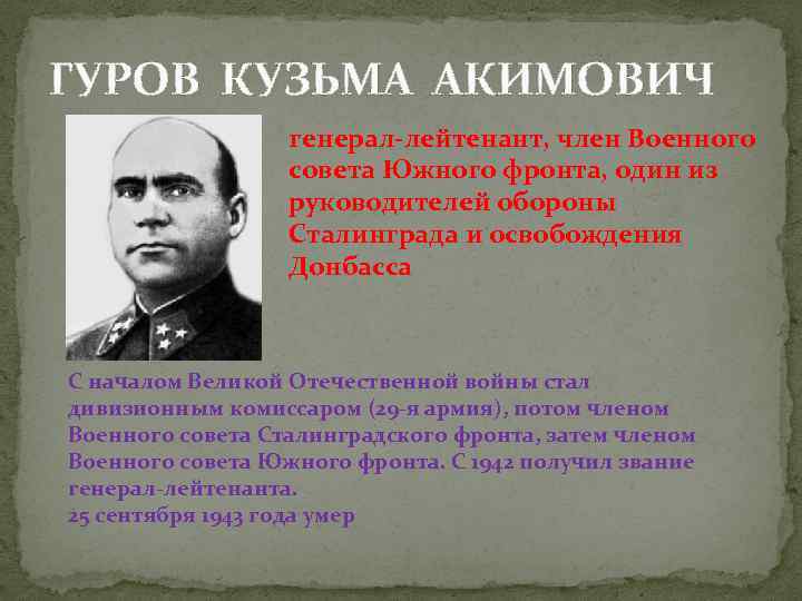 ГУРОВ КУЗЬМА АКИМОВИЧ генерал-лейтенант, член Военного совета Южного фронта, один из руководителей обороны Сталинграда