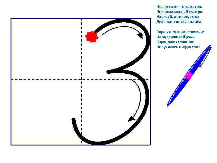 Перед нами - цифра три. Повнимательней смотри. Нарисуй, дружок, пока Два цветочных лепестка. Вправо