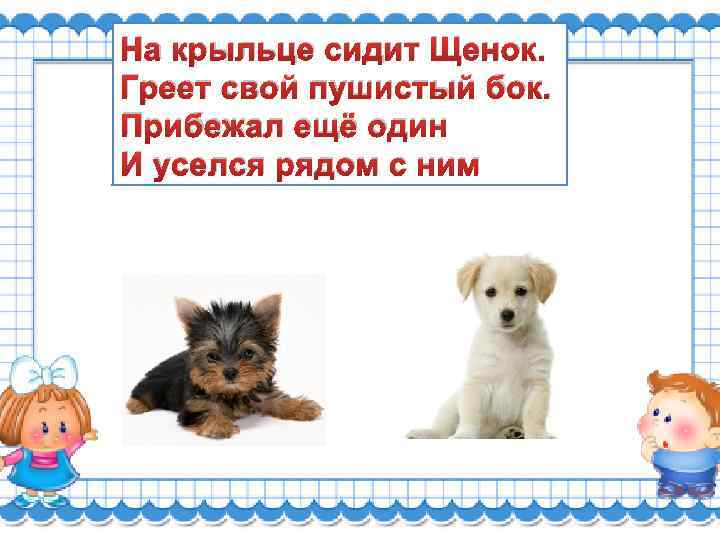 На крыльце сидит Щенок. Греет свой пушистый бок. Прибежал ещё один И уселся рядом