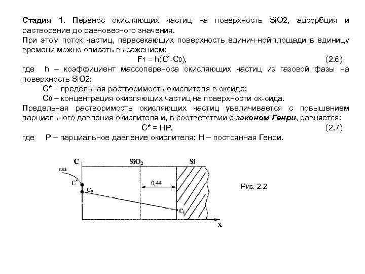 Стадия 1. Перенос окисляющих частиц на поверхность Si. O 2, адсорбция и растворение до