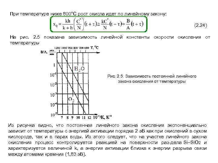При температуре ниже 800°С рост окисла идет по линейному закону: (2. 24) На рис.