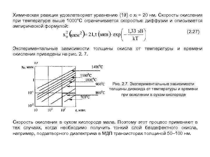 Химическая реакция удовлетворяет уравнению (19) с хi = 20 нм. Скорость окисления при температуре