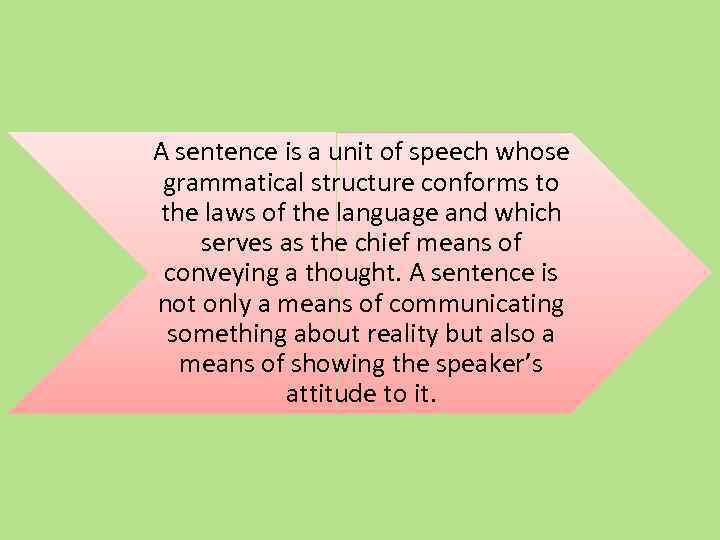 A sentence is a unit of speech whose grammatical structure conforms to the laws