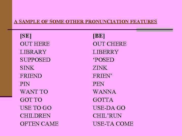 A SAMPLE OF SOME OTHER PRONUNCIATION FEATURES [SE] OUT HERE LIBRARY SUPPOSED SINK FRIEND