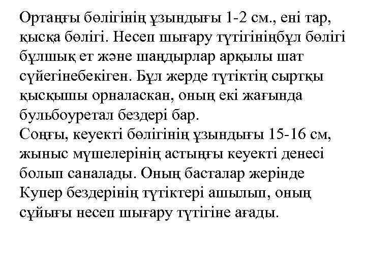 Ортаңғы бөлігінің ұзындығы 1 -2 см. , ені тар, қысқа бөлігі. Несеп шығару түтігініңбұл