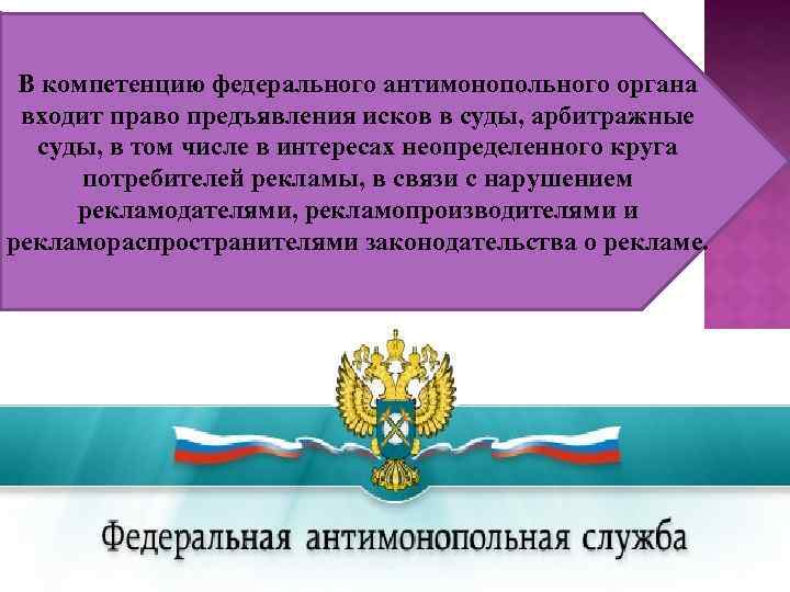 В компетенцию федерального антимонопольного органа входит право предъявления исков в суды, арбитражные суды, в