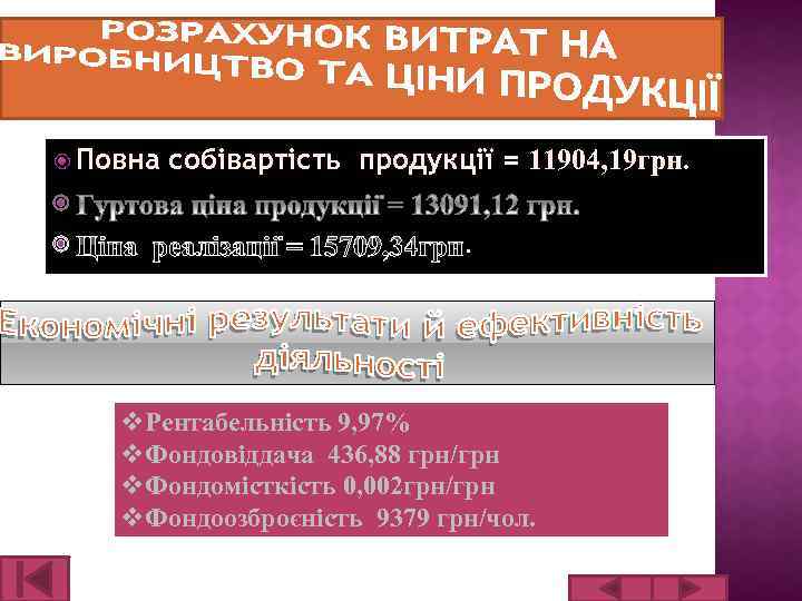  Повна собівартість продукції = 11904, 19 грн. Ціна реалізації = 15709, 34 грн.