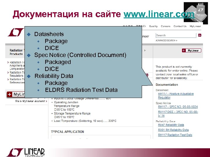 Документация на сайте www. linear. com Datasheets Package DICE Spec Notice (Controlled Document) Packaged