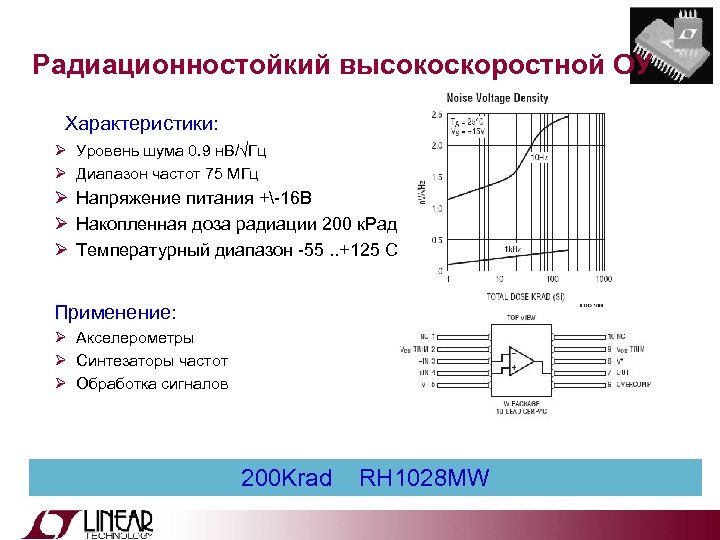 Радиационностойкий высокоскоростной ОУ Характеристики: Ø Уровень шума 0. 9 н. В/√Гц Ø Диапазон частот