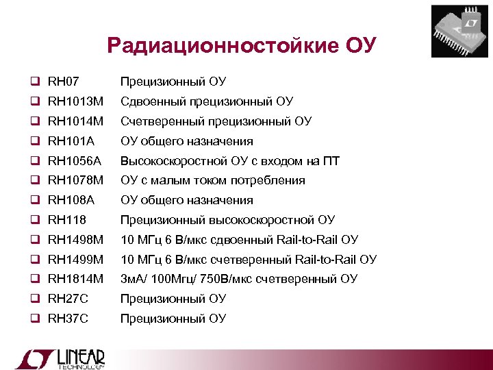 Радиационностойкие ОУ q RH 07 Прецизионный ОУ q RH 1013 M Сдвоенный прецизионный ОУ