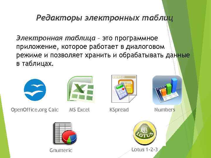 Редакторы электронных таблиц Электронная таблица – это программное приложение, которое работает в диалоговом режиме