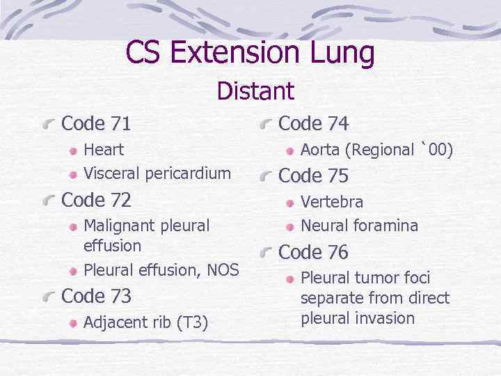 CS Extension Lung Distant Code 71 Heart Visceral pericardium Code 72 Malignant pleural effusion