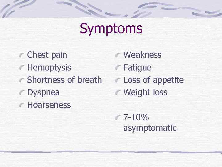 Symptoms Chest pain Hemoptysis Shortness of breath Dyspnea Hoarseness Weakness Fatigue Loss of appetite