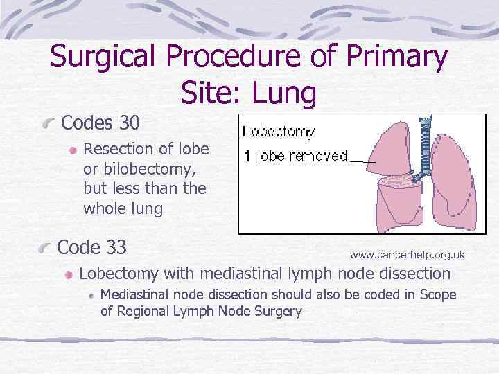 Surgical Procedure of Primary Site: Lung Codes 30 Resection of lobe or bilobectomy, but