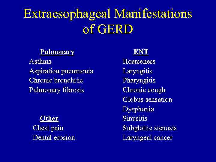 Extraesophageal Manifestations of GERD Pulmonary Asthma Aspiration pneumonia Chronic bronchitis Pulmonary fibrosis Other Chest