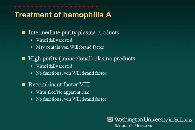 Treatment of hemophilia A n Intermediate purity plasma products • Virucidally treated • May
