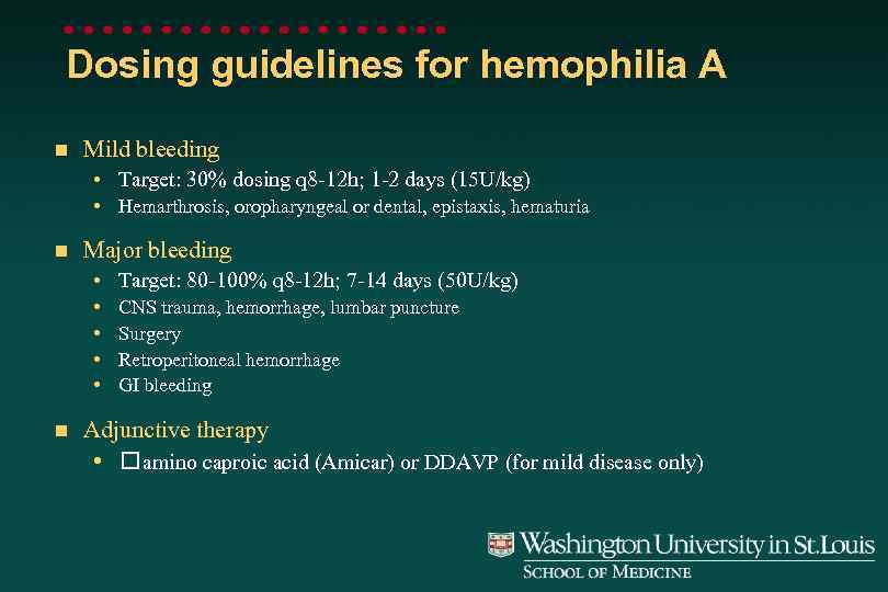 Dosing guidelines for hemophilia A n Mild bleeding • Target: 30% dosing q 8