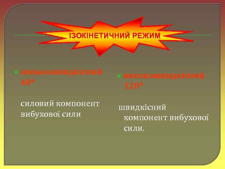 ІЗОКІНЕТИЧНИЙ РЕЖИМ низькошвидкісний 40* силовий компонент вибухової сили високошвидкісний 120* швидкісний компонент вибухової сили.