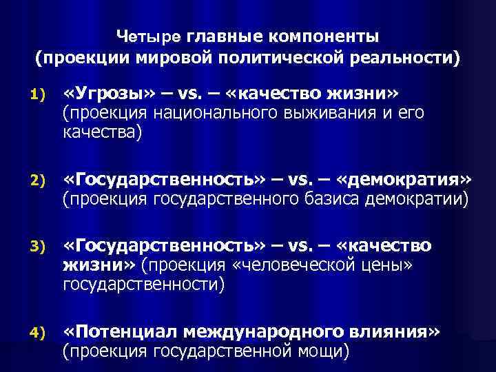 Четыре главные компоненты (проекции мировой политической реальности) 1) «Угрозы» – vs. – «качество жизни»