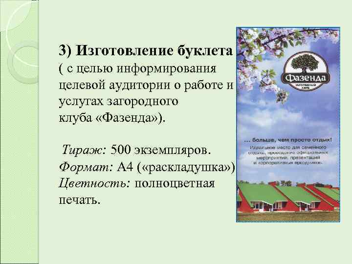 3) Изготовление буклета ( с целью информирования целевой аудитории о работе и услугах загородного