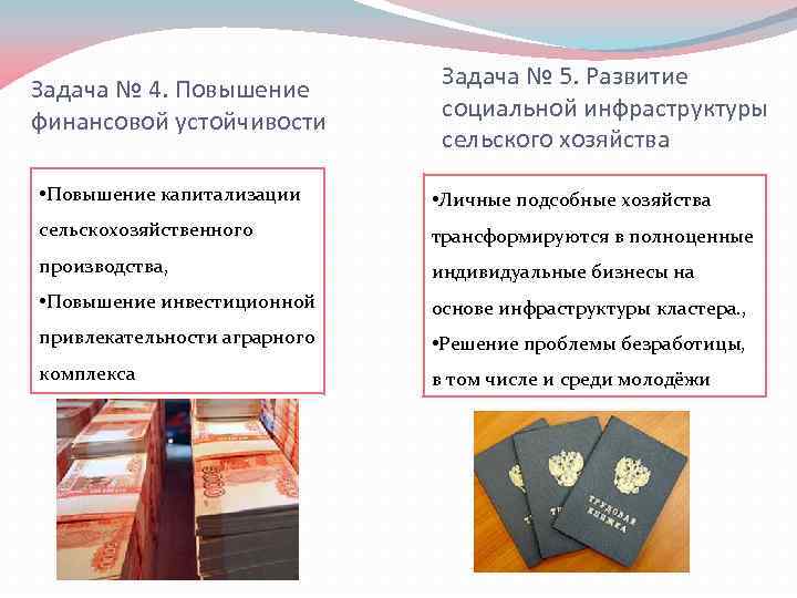 Задача № 4. Повышение финансовой устойчивости Задача № 5. Развитие социальной инфраструктуры сельского хозяйства