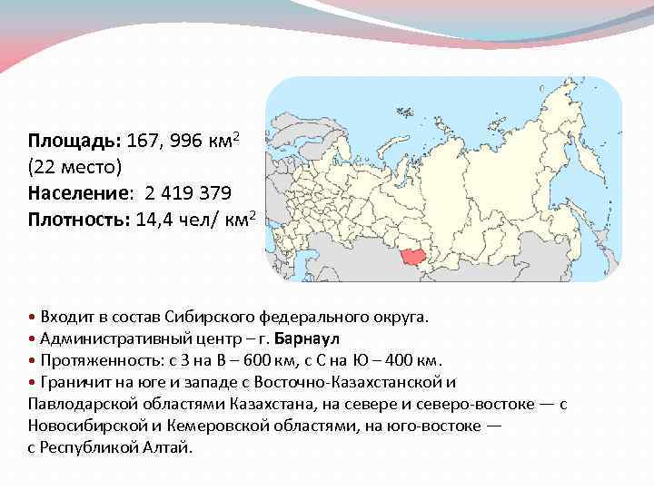 Площадь: 167, 996 км 2 (22 место) Население: 2 419 379 Плотность: 14, 4