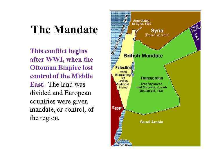 The Mandate This conflict begins after WWI, when the Ottoman Empire lost control of