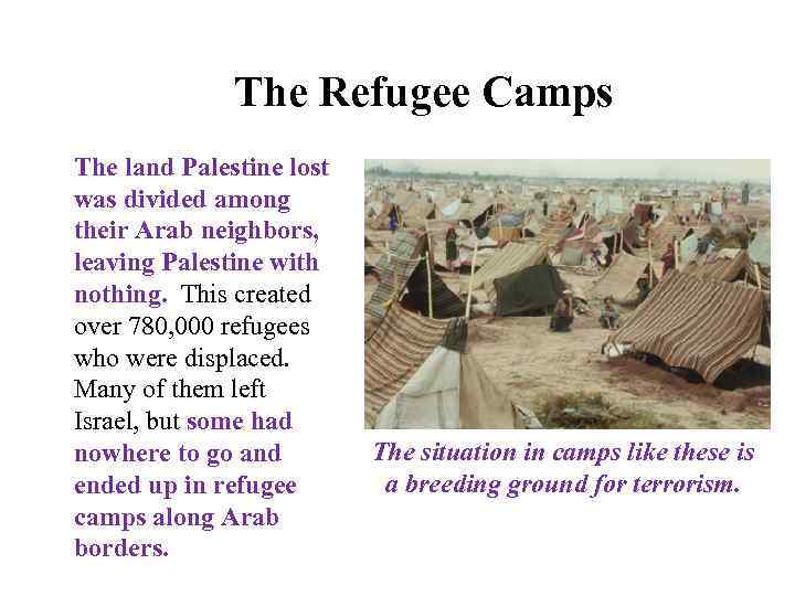 The Refugee Camps The land Palestine lost was divided among their Arab neighbors, leaving