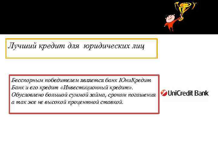 Лучший кредит для юридических лиц Бесспорным победителем является банк Юни. Кредит Банк и его