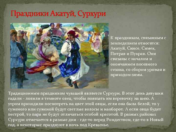 Праздники Акатуй, Сурхури К праздникам, связанным с земледелием относятся: Акатуй, Синсе, Симек, Питрав и