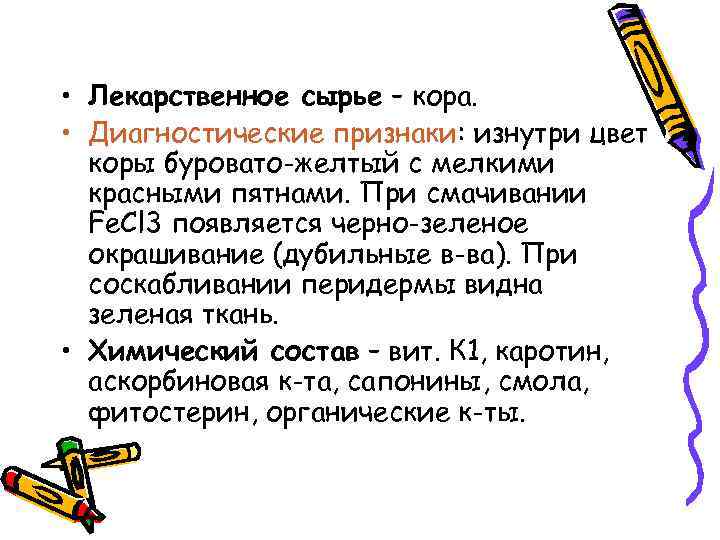  • Лекарственное сырье – кора. • Диагностические признаки: изнутри цвет коры буровато-желтый с