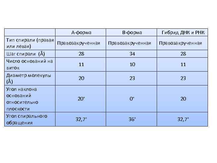  A-форма Тип спирали (правая Правозакрученная или левая) Шаг спирали (Å) 28 Число оснований