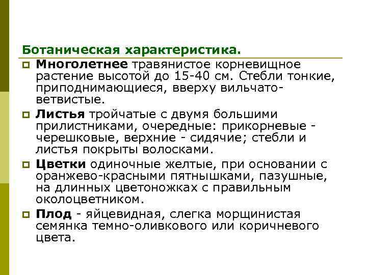 Ботаническая характеристика. p Многолетнее травянистое корневищное растение высотой до 15 -40 см. Стебли тонкие,