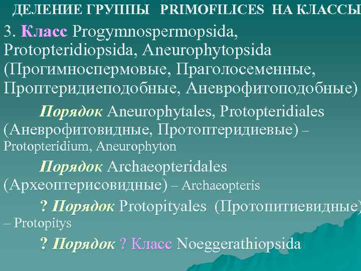 ДЕЛЕНИЕ ГРУППЫ PRIMOFILICES НА КЛАССЫ 3. Класс Progymnospermopsida, Protopteridiopsida, Aneurophytopsida (Прогимноспермовые, Праголосеменные, Проптеридиеподобные, Аневрофитоподобные)