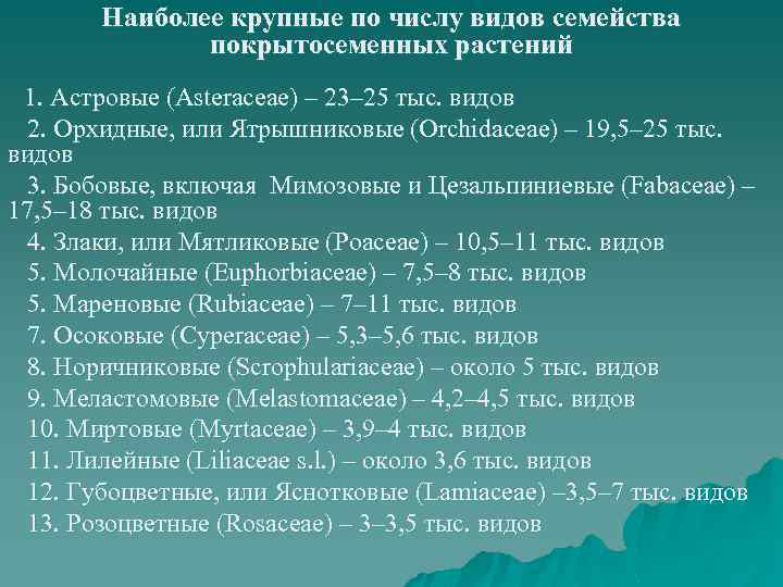 Наиболее крупные по числу видов семейства покрытосеменных растений 1. Астровые (Asteraceae) – 23– 25