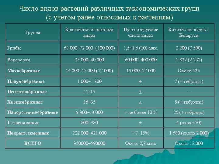 Число видов растений различных таксономических групп (с учетом ранее относимых к растениям) Количество описанных