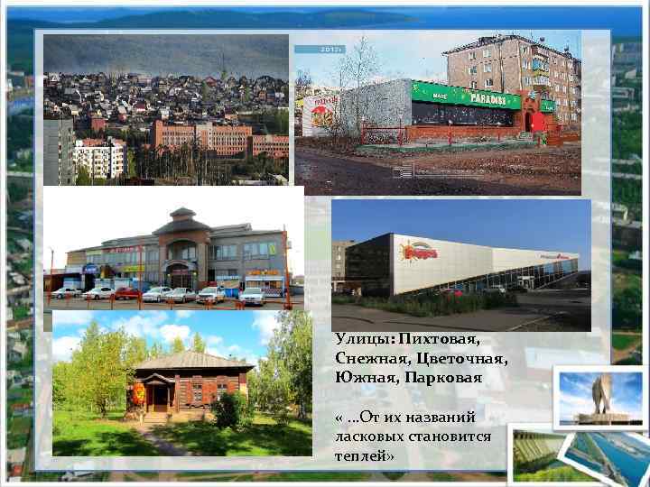Улицы: Пихтовая, Снежная, Цветочная, Южная, Парковая « …От их названий ласковых становится теплей» 