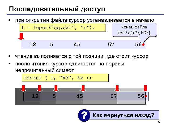 Последовательный доступ • при открытии файла курсор устанавливается в начало конец файла (end of