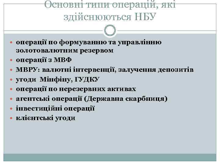 Основні типи операцій, які здійснюються НБУ операції по формуванню та управлінню золотовалютним резервом операції