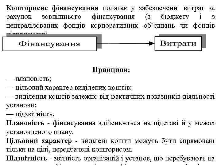 Кошторисне фінансування полягає у забезпеченні витрат за рахунок зовнішнього фінансування (з бюджету і з