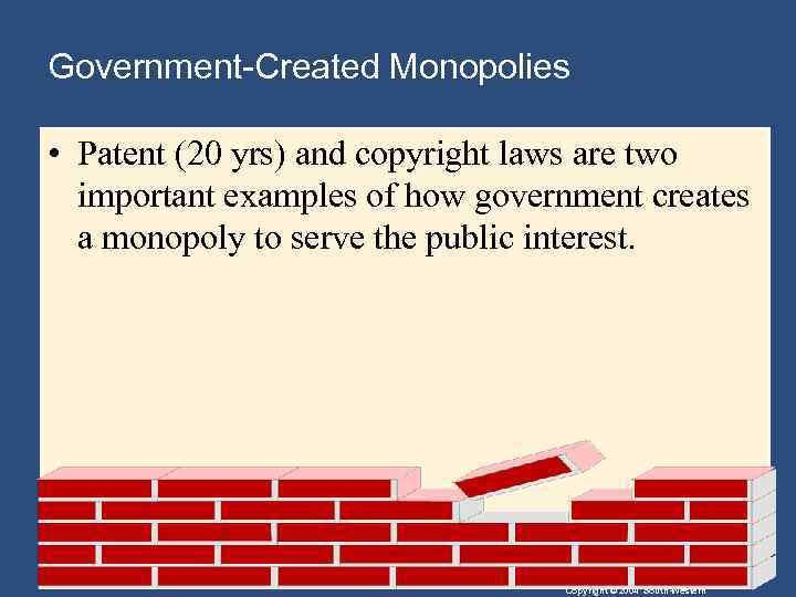 Government-Created Monopolies • Patent (20 yrs) and copyright laws are two important examples of