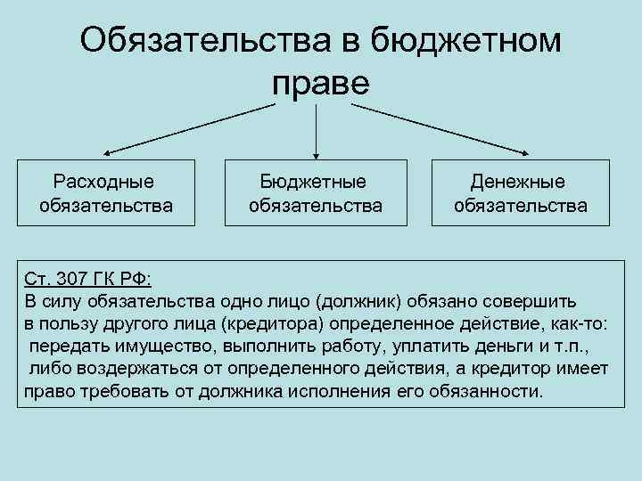Обязательства в бюджетном праве Расходные обязательства Бюджетные обязательства Денежные обязательства Ст. 307 ГК РФ: