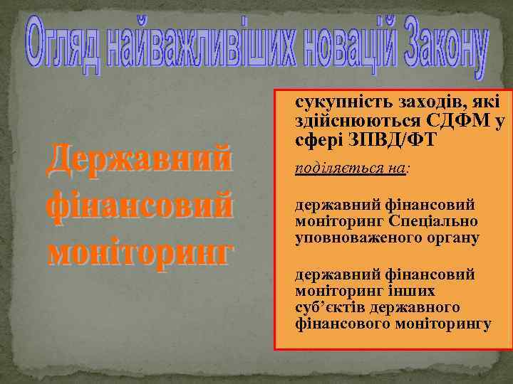  сукупність заходів, які здійснюються СДФМ у сфері ЗПВД/ФТ поділяється на: державний фінансовий моніторинг