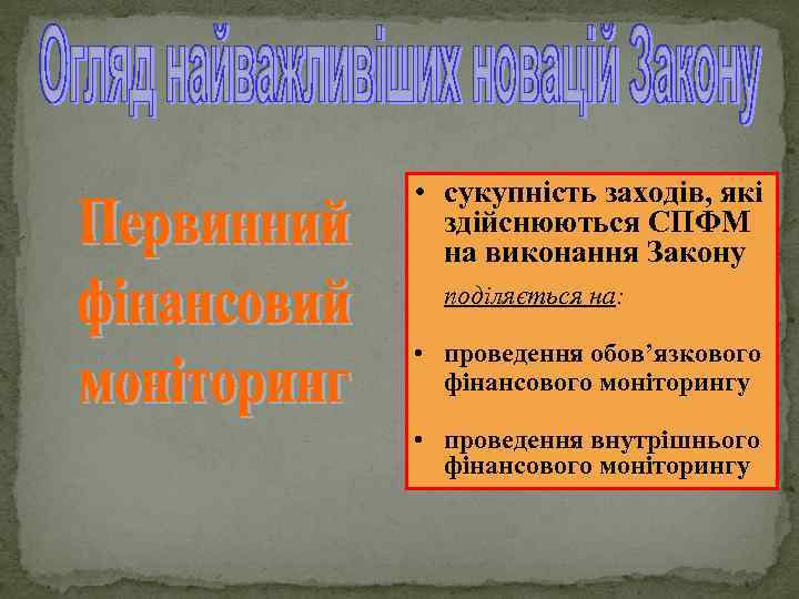  • сукупність заходів, які здійснюються СПФМ на виконання Закону поділяється на: • проведення