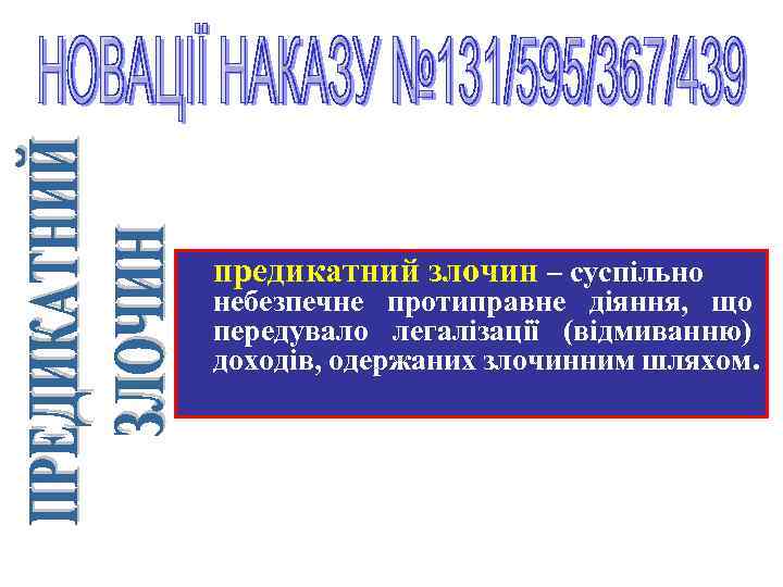 предикатний злочин – суспільно небезпечне протиправне діяння, що передувало легалізації (відмиванню) доходів, одержаних злочинним