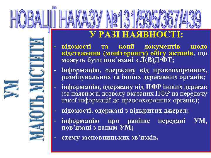  У РАЗІ НАЯВНОСТІ: - відомості та копії документів щодо відстеження (моніторингу) обігу активів,