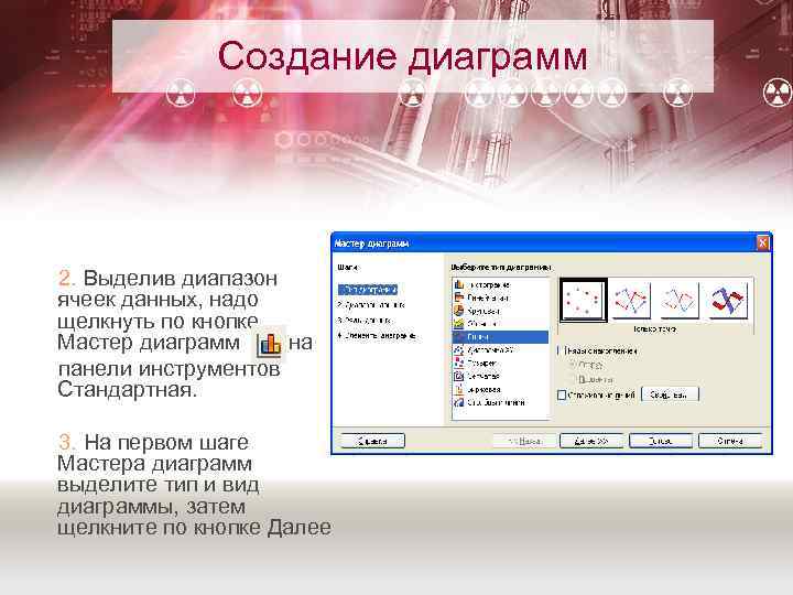 Создание диаграмм 2. Выделив диапазон ячеек данных, надо щелкнуть по кнопке Мастер диаграмм на